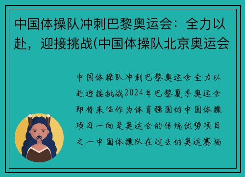 中国体操队冲刺巴黎奥运会：全力以赴，迎接挑战(中国体操队北京奥运会)